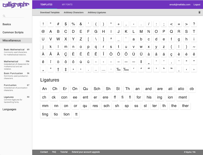 Calligraphr template selection screen showing character sets and available ligature sequences