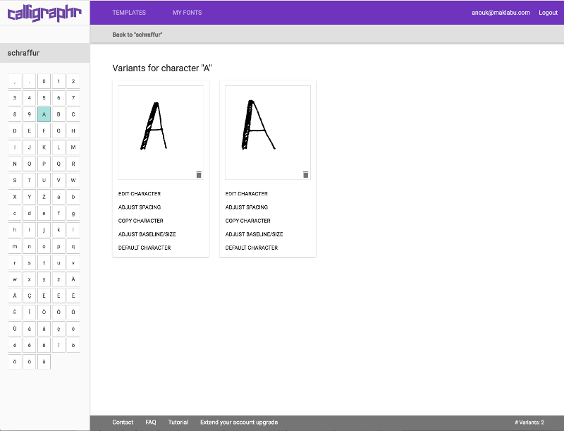 Calligraphr character variants screen displaying two different handwritten versions of A with separate editing controls