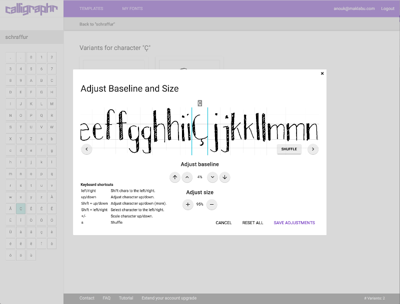 Calligraphr Adjust Baseline and Size dialog with a handwritten alphabet preview and baseline and size controls